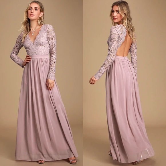 LULUS AWAKEN MY LOVE DUSTY LAVENDER LACE LONG SLEEVE CHIFFON MAXI DRESS - Picture 1 of 14